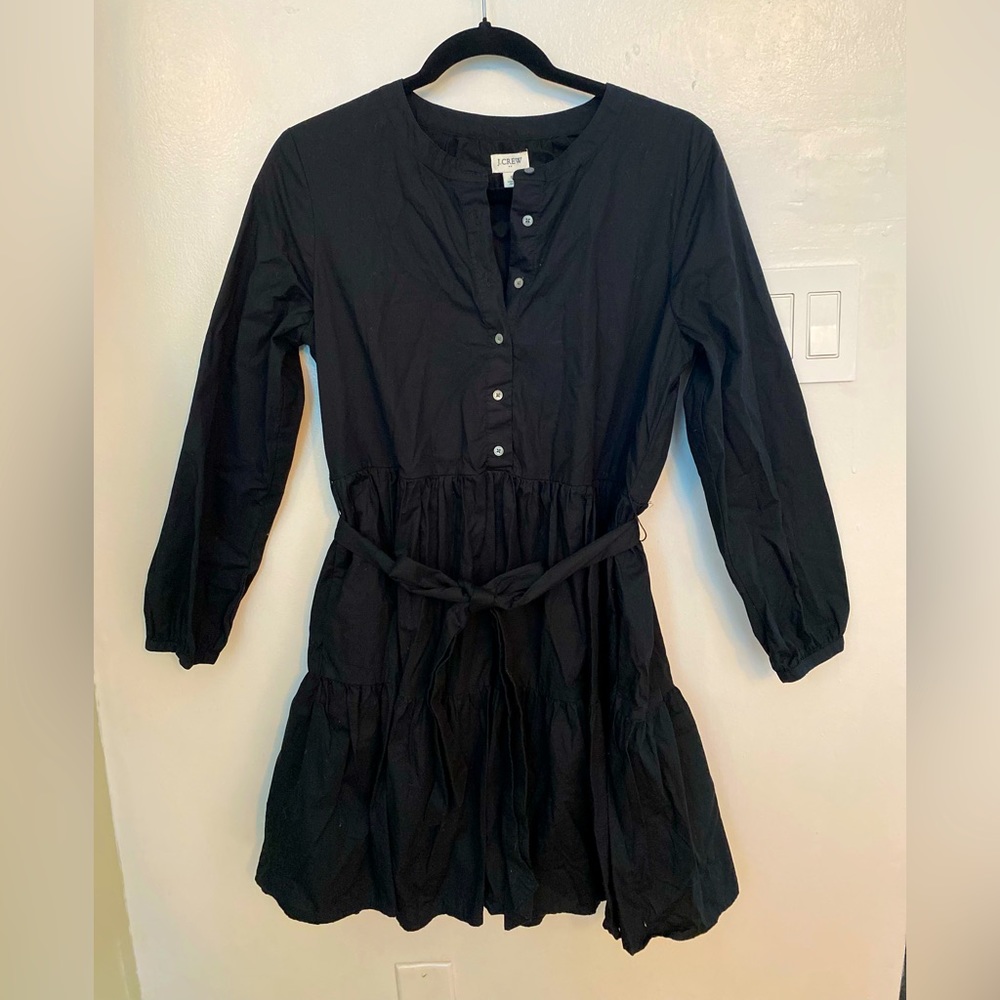 J Crew Black Poplin Tie Waist Flounce Dress Button Up Size Small A-line, Flared